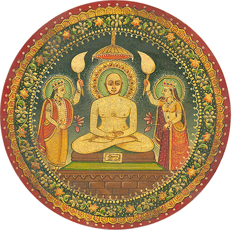 Reproduktion eines Gemäldes von Mahavira im Lotussitz und zwei Königen, die ihm Luft zufächern